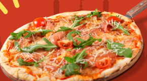 Pizza with cheese, tomatoes, arugula and meat is shown on a red background.