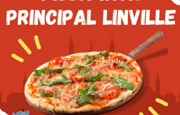 Pizza with cheese, tomatoes, arugula and meat is shown on a red background.