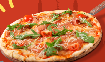 Pizza with cheese, tomatoes, arugula and meat is shown on a red background.
