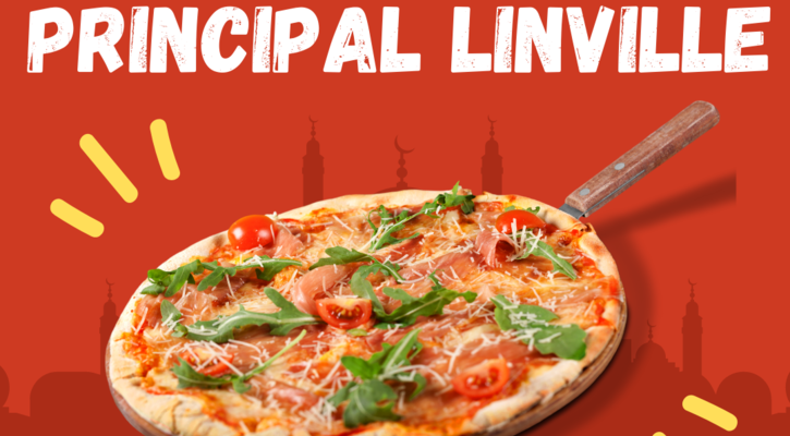 Pizza with cheese, tomatoes, arugula and meat is shown on a red background.